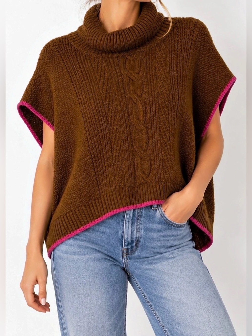 THML Brown with Pink Piping Cable Knit Cowl Neck Sweater - Size M